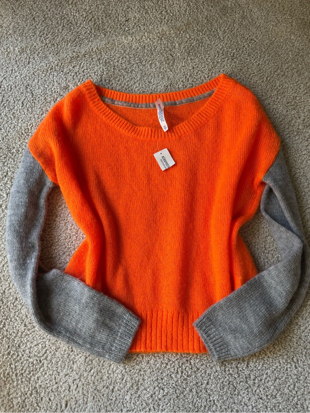 Aeropostale Bright Orange Body with Gray Sleeve Colorblock Crewneck Sweater NWT